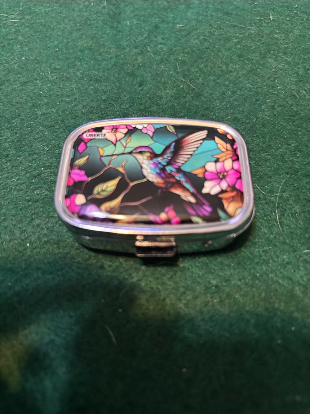 Hummingbird Decorative Pill Box - Black with Pink & Teal Floral Design